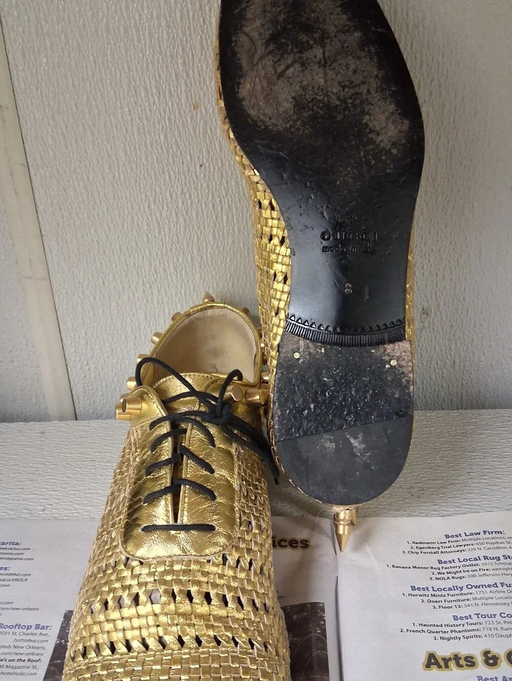 Gucci Gold Woven Men's Lace-Up Dress Shoes With Spikes